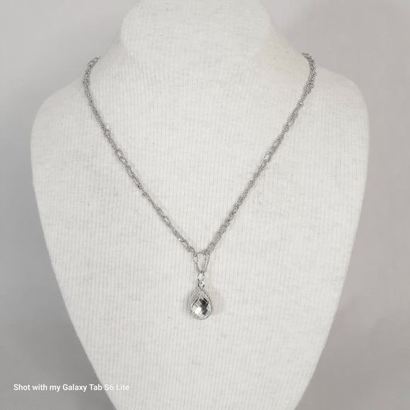 Silver Tone Double Sided Pendant Necklace Black Clear Stone Crocheted Ball Chain - Picture 2 of 11